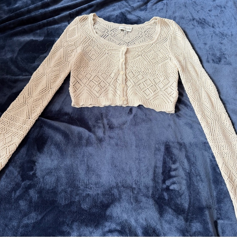 Cropped Open-Knit Button Front Sweater - Cream